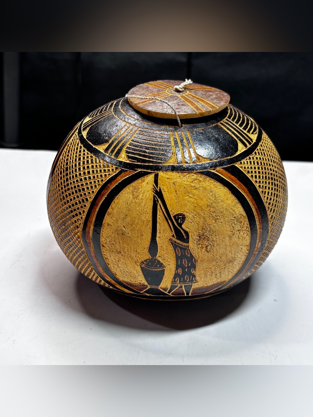 Antique Hand Carved African Hanging Gourd Vessel Lidded Calabash Bird Decor - Picture 2 of 14